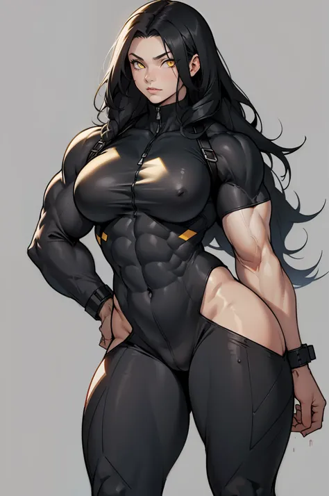 ((grey background)), (((((1 girl))))), black hair, yellow eyes, very long hair, ((((((muscular)))))), tall, pale skin, bodysuit, (solo), curvy, wide hips, thick thighs, perky breasts, wavy hair