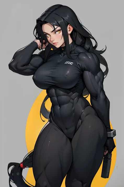 ((grey background)), (((((1 girl))))), black hair, yellow eyes, very long hair, ((((((muscular)))))), tall, pale skin, bodysuit, (solo), curvy, wide hips, thick thighs, perky breasts, wavy hair