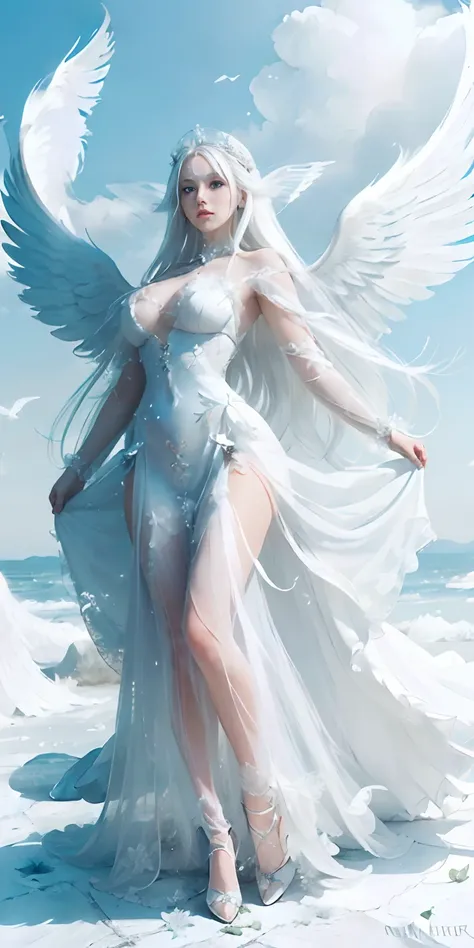 1girl, Solo, Angel, ((((big white wings)))), Feather dress, winged dress, wings hair ornaments, Winged accessories, (((Pure white skin, Pure white dress, White hair, Long hair))), purple eyes, Blue sky with clouds Background, ((Heaven dress)), ((((Full bod...