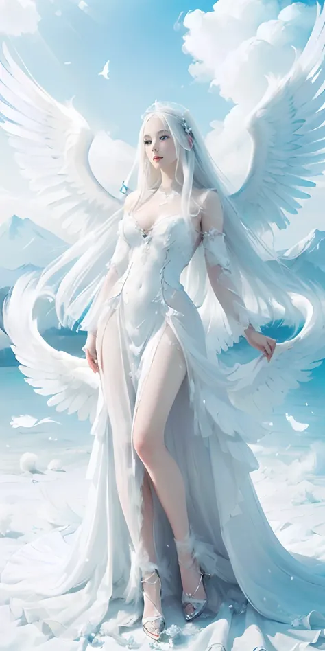 1girl, Solo, Angel, ((((big white wings)))), Feather dress, winged dress, wings hair ornaments, Winged accessories, (((Pure white skin, Pure white dress, White hair, Long hair))), purple eyes, Blue sky with clouds Background, ((Heaven dress)), ((((Full bod...