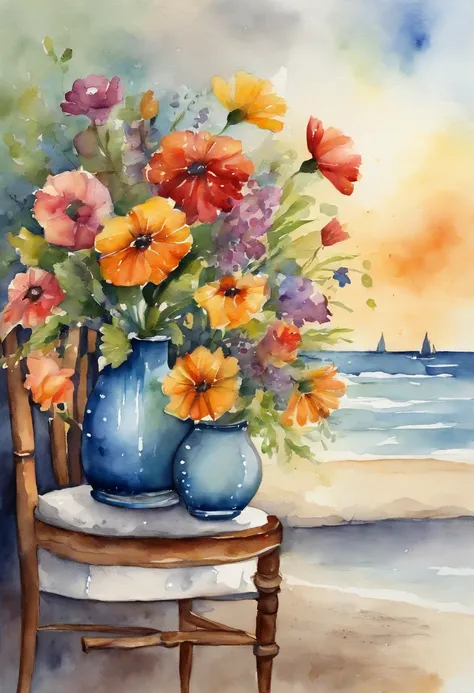 vases, Bunch of flowers, on chair, Beach background, Rainy atmosphere