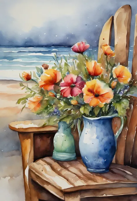 vases, Bunch of flowers, on chair, Beach background, Rainy atmosphere