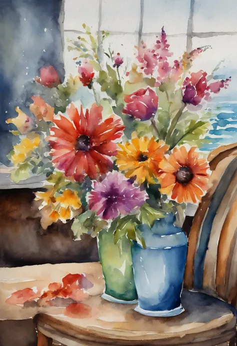 vases, Bunch of flowers, on chair, Beach background, Rainy atmosphere