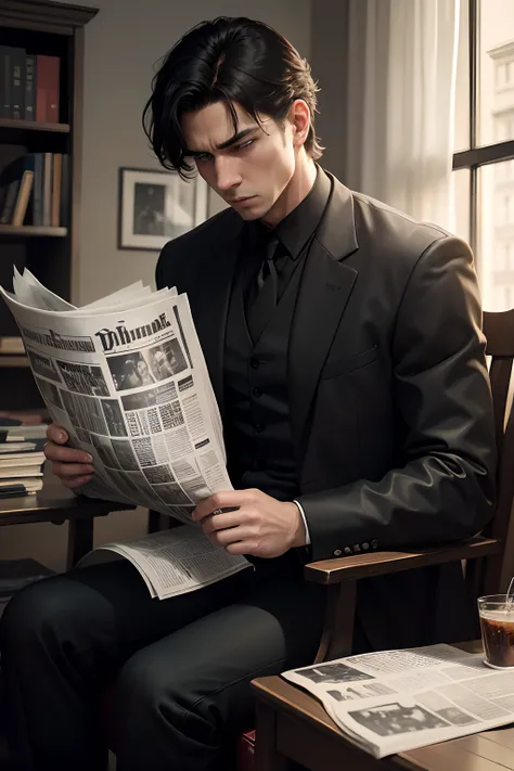 The man in black put down the newspaper，The atmosphere is dull，Dark tones predominate