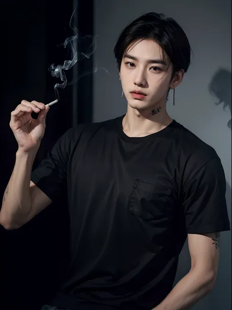 (masterpiece),(high resolution),(high quality), young korean man, broad shoulders,tattoo on neck,wearing earrings,smoking,black shirt, Cold face, one hand in his pocket