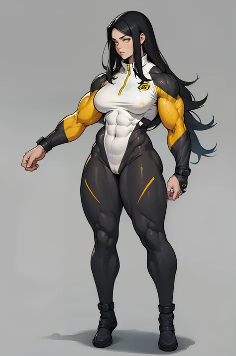 ((grey background)), (((((1 girl))))), black hair, yellow eyes, very long hair, ((((((muscular)))))), tall, pale skin, (full body), bodysuit, (solo), curvy, wide hips, thick thighs, small breasts