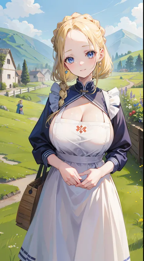 a beauty girl，Village girl，blonde with blue eyes，Twist braids，wearing apron，Countryside，zona rural，idyllic scenery，European Middle Ages，Toothy smile，Forehead，Forehead exposed，huge tit，cleavage