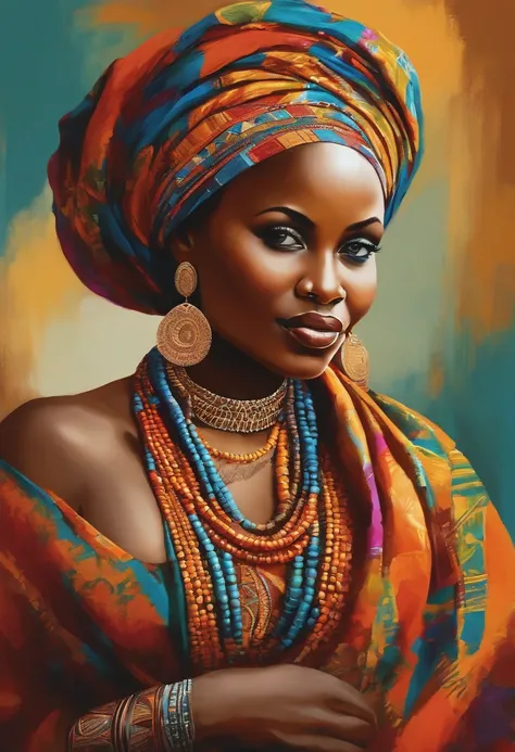 A portrait of a stunning hausa woman depicted in vibrant colors and patterns, celebrating her African heritage. The artwork showcases intricate details and bold brushstrokes, capturing the essence of her beauty and radiance. The image is ideal for a contem...