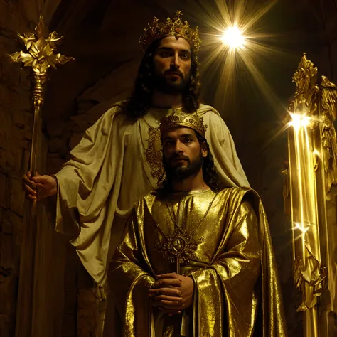 na imagem, jesus cristo aparece em todo o seu esplendor divino. he is dressed in an imposing golden armor that shines brightly i...