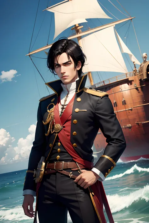 portuguese ship, anime character, black hair, 2d, Portuguese maritime exploration, capitan, leader, alone, in front ship, looking foward