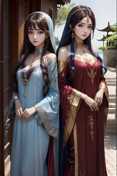 2girls,duo,top-quality、Extremely Delicately Beautiful、(Strange blue and red eyes)、arabian clothes 、silber hair、femele、(（Brown skin）)