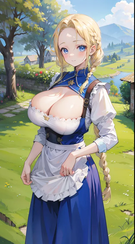 a beauty girl，Village girl，blonde with blue eyes，Twist braids，wearing apron，Countryside，zona rural，idyllic scenery，European Middle Ages，Toothy smile，Forehead，Forehead exposed，huge tit，cleavage，Exoskeleton armor