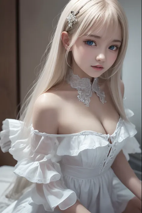 in 8K,top-quality,Real Image,intricate detailes,超A high resolution,Depth Field,masuter piece,natural soft light,profetional lighting,1 girl in,(cute little:1.2),、White Elegance、(Black dress with ruffles)、 Skirt that bulges with panniers、bright expression、Y...