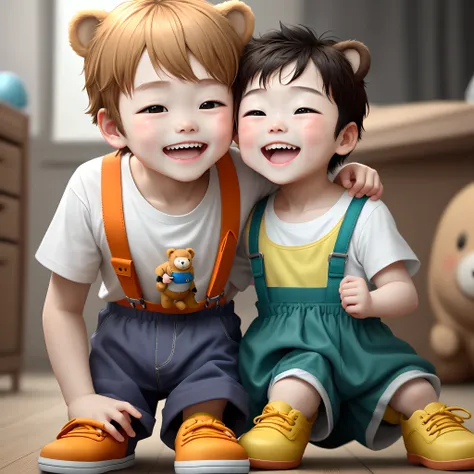 Generate a blind box IP，It contains a happy little boy。The boy has cute brown bear ears，Open your mouth wide, a happy expression on your face。He holds a baby bottle in both hands。He wears a yellow suspender pants，Inside are white short sleeves，He wears ora...