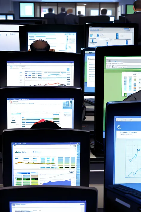 Office multiple men looking at stocks on the computer with gloomy faces