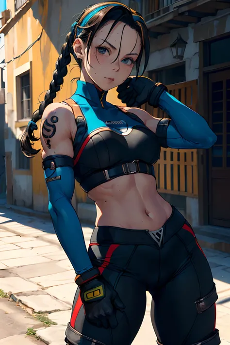 Obra maestra, La mejor calidad, (street fighter), (Cammy),Cammy amarillo, pelo corto, Pelo de antena, ojos azules, cicatriz en la mejilla, senos grandes, Gargantilla negra, chaqueta azul, chaqueta recortada, Chaqueta abierta, Sujetador deportivo, diafragma...