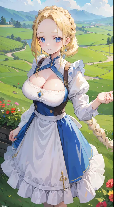 a beauty girl，Village girl，blonde with blue eyes，Twist braids，wearing apron，Countryside，zona rural，idyllic scenery，European Middle Ages，Toothy smile，Forehead，Forehead exposed，huge tit，cleavage，Exoskeleton armor，Side waist split，stocklings