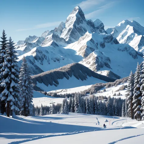 clear blue skies, Refreshing snow, Fresh powder, Ski runs, Snow-capped trees, Alpine scenery, Mountain peaks in the background,  Perfect powder condition, Winter wonderland, magnificent view, Snow-capped mountains,  High-quality photography, Vibrant colors...