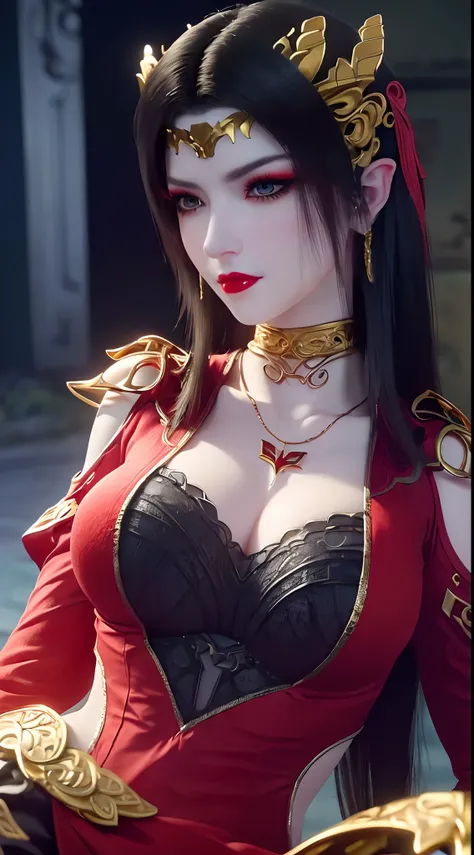 1 extremely beautiful queen, ((wearing traditional red hanfu with thin black patterns:1.6)), (((Patterns on clothes:1.6))), ((long black hair:1.6 )), elaborately crafted jewelry from precious stones and beautiful hair, (((wearing a 24k gold lace necklace:1...