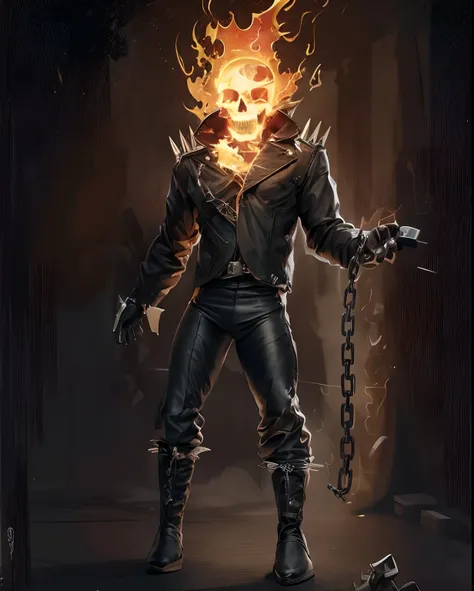 masterpiece, high detailed images, high quality images, high detailed faces, perfect faces, realistic drawing of a skeleton with its head engulfed in flames with a chain also on fire, Motoqueiro Fantasma, roupa de couro, jaqueta de couro com pontas nos omb...