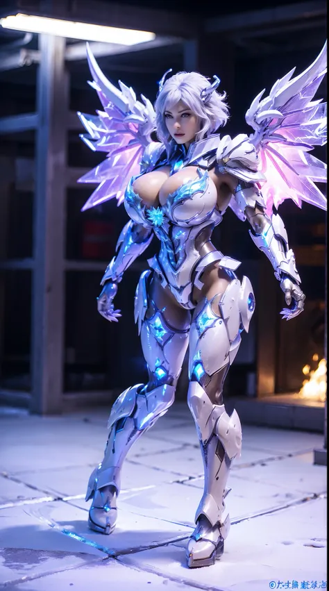 ICE PHOENIX, (DRAGON HEAD), HUGE BOOBS, ICE MECHA ARMOR FULL SUIT, (CLEAVAGE), (A PAIR LARGEST ICE DRAGON WINGS), TRANSPARANT ARMOR, TALL LEGS, SEXY STANDING, SEXY BODY, MUSCLE ABS.