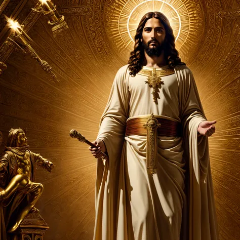 na imagem, jesus cristo aparece em todo o seu esplendor divino. he is dressed in an imposing golden armor that shines brightly i...