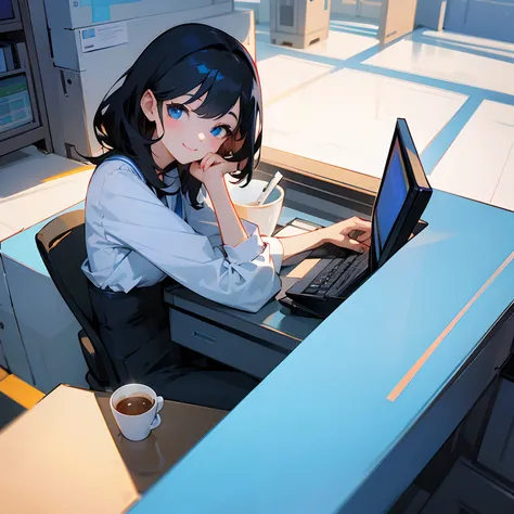 Beautiful illustration、top-quality、girl with、Black hair、shorth hair、A slight smil、(((Delicat eyes)))、blue eyess、drinking a cup of coffee、officeworker、personal computers