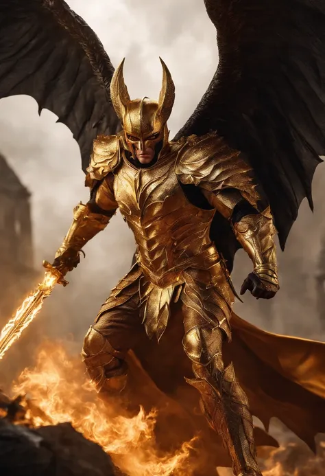 Ultra-realistic devil: A golden angel with wings spread with a fiery sword in his hand, fight batman wearing gold and silver armor