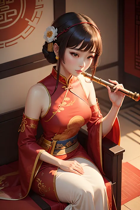 a close up of a woman in a dress holding a flute, cheongsam, wearing a red cheongsam, chinese style, chinese dress, chinese woman, inspired by Min Zhen, chinese empress, exquisite digital illustration, digital art of an elegant, anime girl, artwork in styl...