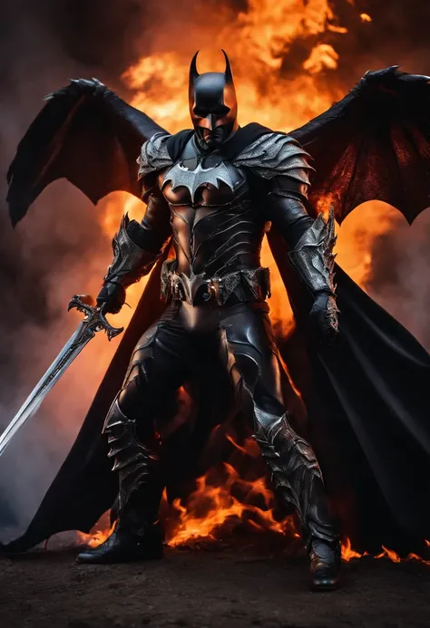 Ultra-realistic devil: A silver and black armor  batman angel with wings spread with a fiery sword in his hand, fire in the background