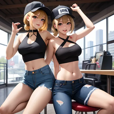 Dynamic_Pose, 1girl in, old, Older_Woman, with round face, bangss, Bare_shoulders, verd s eyes, Baseball_Cap, Blonde_hair, poneyTail, Athletic, A fitted, Medium_breasts, 鎖骨, 耳Nipple Ring, Open_Mouth, full_Body, (halter_Top, halterneck, The shirt)), Hats, h...