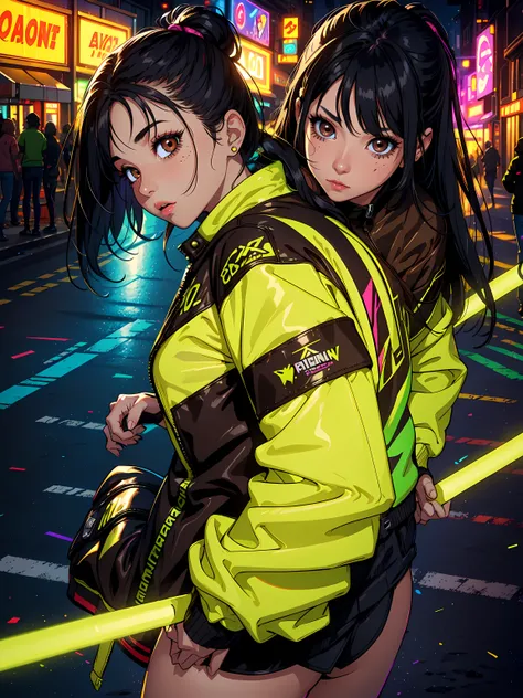 One women, arcade games environment, 8k resolution, night 12 am, neon colors, ((highlighter yellow jacket with patches)), 90s, shadows, reflections, wide open road, turning around, black hair, ((brown eyes)), rosy blush under the eyes, medium size lips, de...