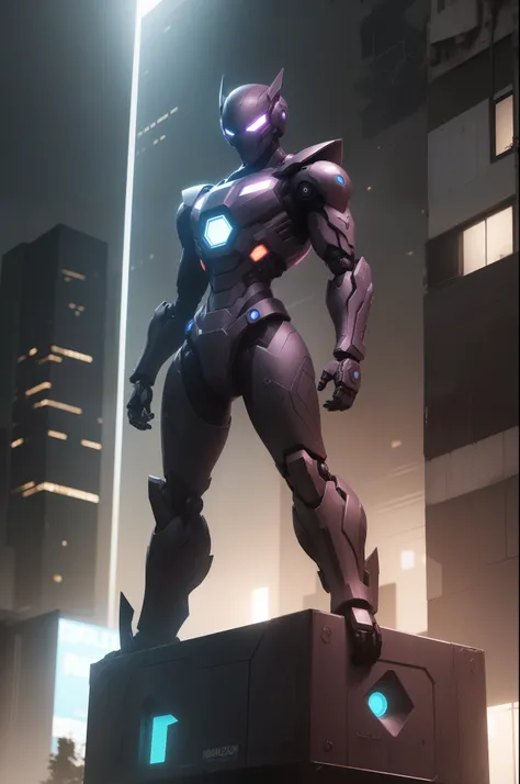 robot inspirado no personagem maquina de combate da marvel nas cores vemelho e preto em uma cidade futurista em uma noite de chuva com luzes neon refletidas na paisagem