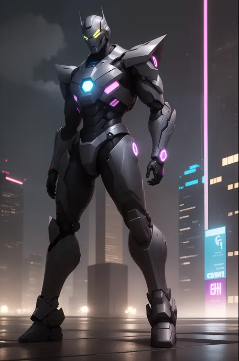 robot inspirado no personagem maquina de combate da marvel nas cores vemelho e preto em uma cidade futurista em uma noite de chuva com luzes neon refletidas na paisagem