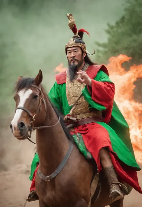 Guan Yu rode a red horse，Wearing a green robe，Wielding a slash，character splash art，Lightning is all around。