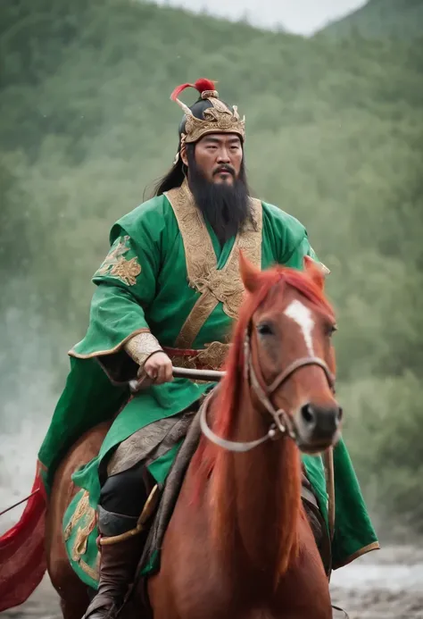 Guan Yu rode a red horse，Wearing a green robe，Wielding a slash，character splash art，Lightning is all around。