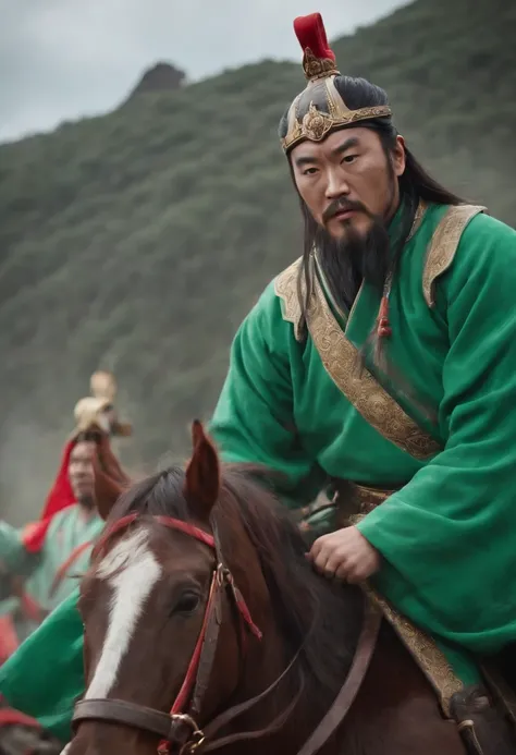 Guan Yu rode a red horse，Wearing a green robe，Wielding a slash，character splash art，Lightning is all around。