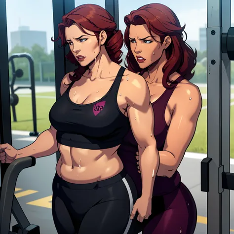 Best quality, solo woman, chubby physique, (small breasts) pretty, (looking tired from finishing a workout) sweaty and wet, mid length curly pretty red hair, black workout clothes, full lips, seductive, mature