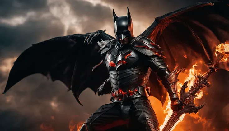 Ultra-realistic devil: A silver and black armor  batman angel with wings spread with a fiery sword in his hand, fire in the background