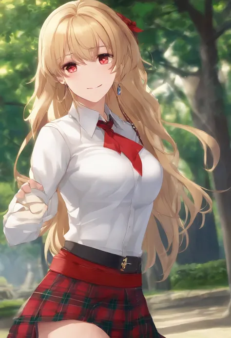 masterpiece, best quality, highres, kitagawa marin, 1girl, blonde hair, long hair, multicolored hair, red eyes, jewelry, earrings, piercing, school uniform, white shirt, tied shirt, black choker, blue necktie, plaid skirt, grin, smile, standing, cowboy sho...