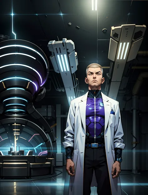 A man with a crew cut, a calm and rational expression, a wise gaze, wears a futuristic scientists coat, primarily in shades of white, accented by touches of blue and purple, matching utility pants, standing in a mysterious laboratory of an ancient and adva...