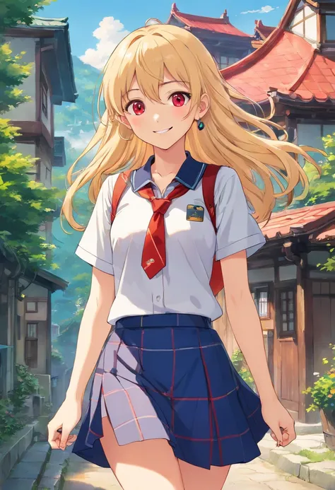 masterpiece, best quality, highres, kitagawa marin, 1girl, blonde hair, long hair, multicolored hair, red eyes, jewelry, earrings, piercing, school uniform, white shirt, tied shirt, black choker, blue necktie, plaid skirt, grin, smile, standing, cowboy sho...