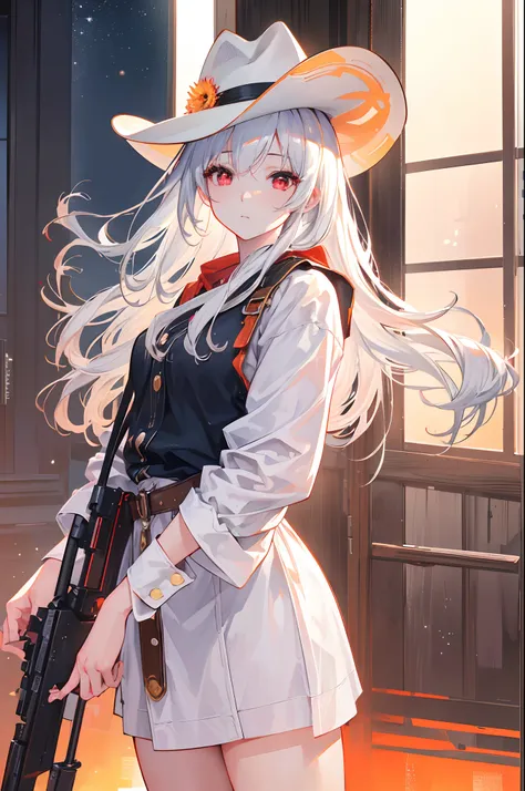 (best quality,4k,8k,highres,masterpiece:1.2), cowboy hat, white hair girl, red eyes, 1girls, anime style, sunset,(realistic,photorealistic,photo-realistic:1.37), cowboy outfit, orange sky, holding a gun, revolver,