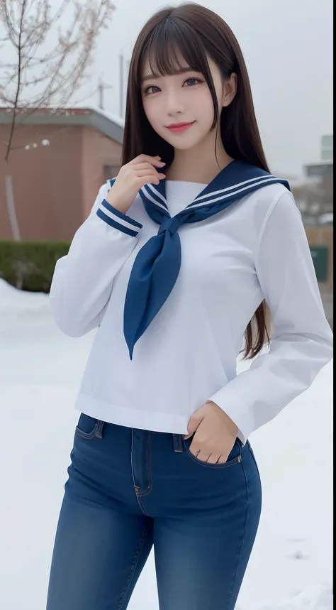 a pregirl，, ssmile, looking at viewert, sailor uniformm,skintight jeans, photore, realisticlying, Best quality at best, employee, 详细的脸, Standing in the snow, diffuselighting, depth of fields, Background bokeh