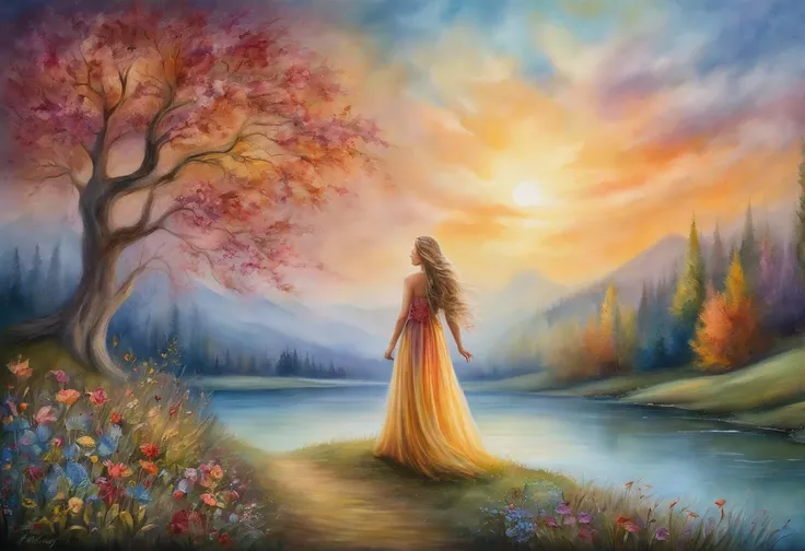 "In a magical world inspired by childrens fairy tales, a beautiful young woman with flowing long hair walks through a enchanting meadow. She wears an ethereal, floor-length dress made of delicate, colorful tulle. The scene is adorned with a magnificent cas...