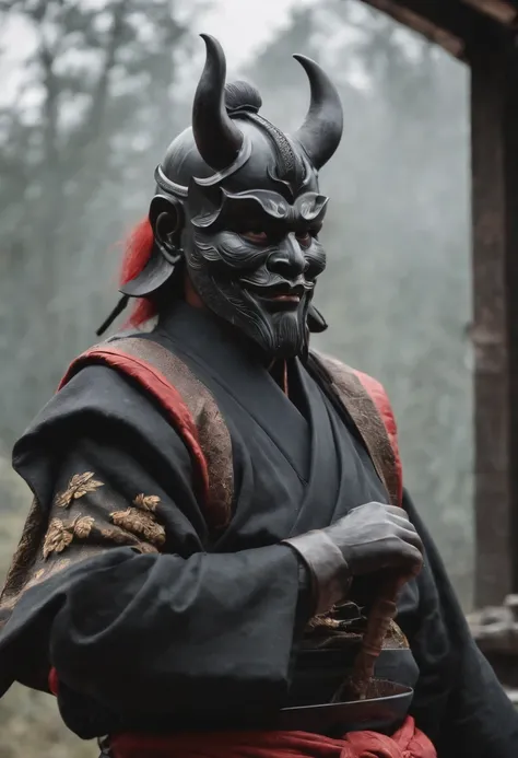 （Oni samurai），（Wearing a demon mask），Solo，Full body like，（Armed with a long sharp knife），Epic artwork，（（Kyoto panel painting style）），Wind effect：1.9，Cloud effects：1.2，Full rendering，Encaustic painting