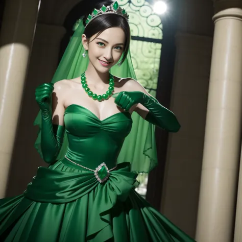 emerald tiara, Green Pearl Necklace, Boyish very short black hair, lipsticks, Japan woman smiling, very short short hair, fist, big breasts beautiful, Green eyes, Long green gloves made of satin material, Green eyes