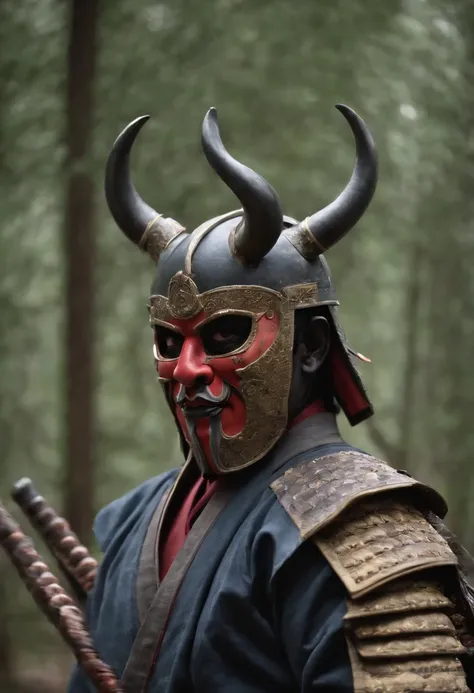 （Oni samurai），（Wearing a demon mask），Solo，Full body like，（Armed with a long sharp knife），Epic artwork，（（Kyoto panel painting style）），Wind effect：1.9，Cloud effects：1.2，Full rendering，Encaustic painting