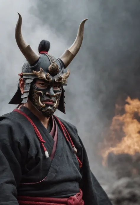 （Oni samurai），（Wearing a demon mask），Solo，Full body like，（Armed with a long sharp knife），Epic artwork，（（Kyoto panel painting style）），Wind effect：1.9，Cloud effects：1.2，Full rendering，Encaustic painting