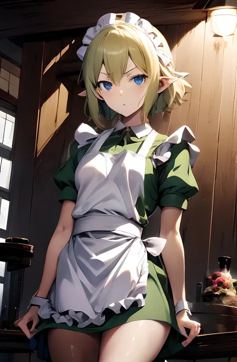 Best Quality, masutepiece, 超A high resolution, Ryu Lion, White Apron, White headband, Green dress